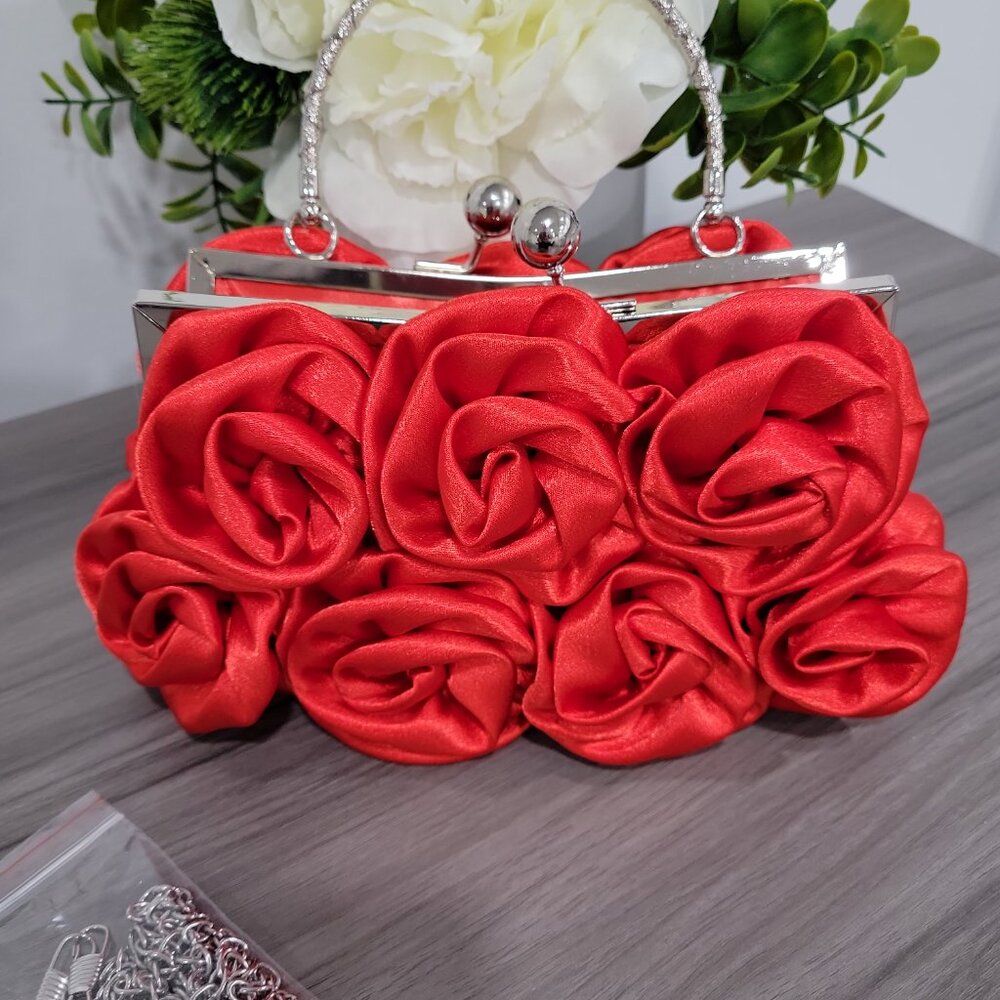 Elegant RED Satin Roses Clutch Purse Handbag w/ Rhinestone Handle & Chain  NEW - Picture 3 of 8